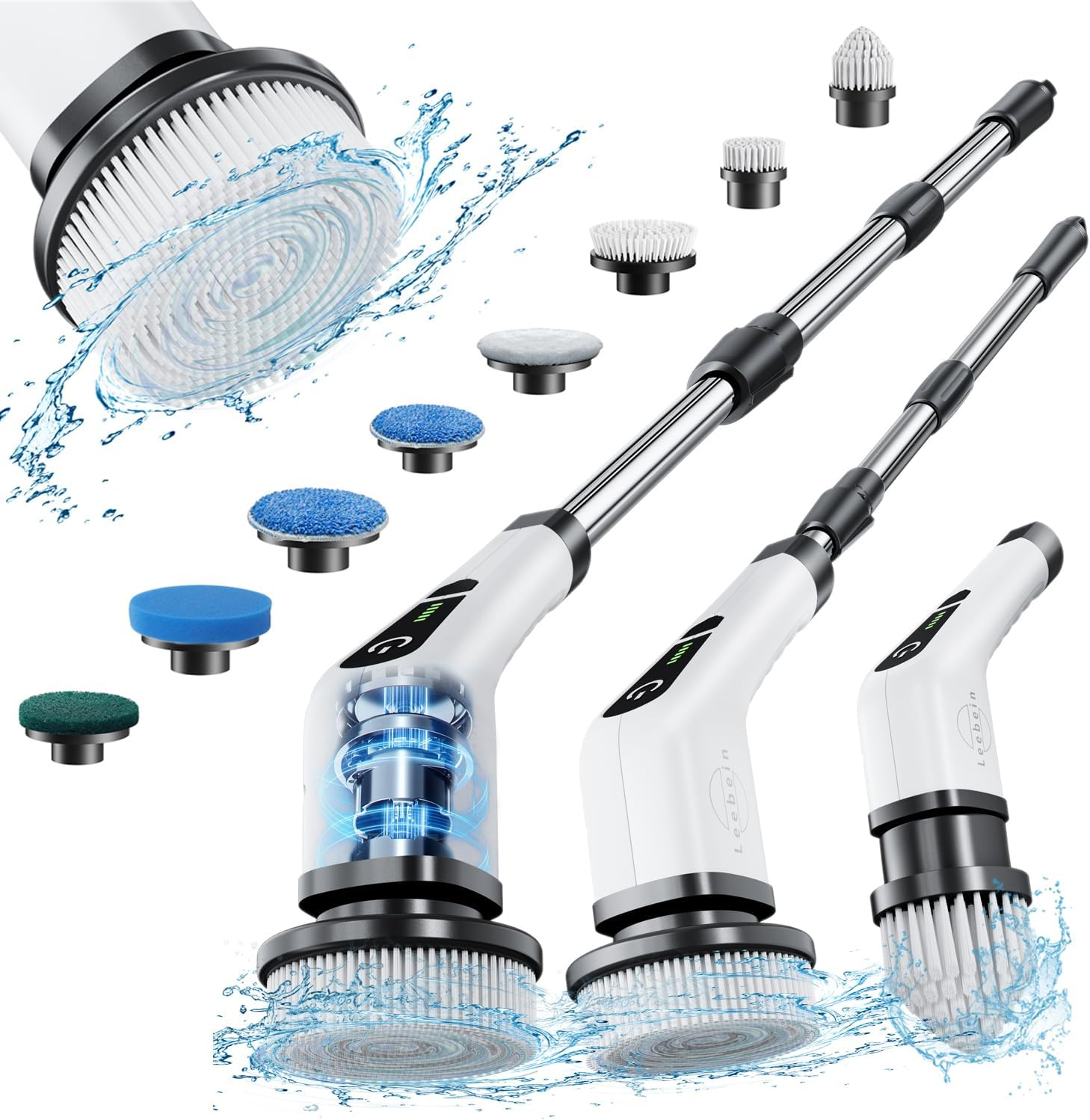 White cordless electric spin scrubber with extendable handle and multiple cleaning heads
