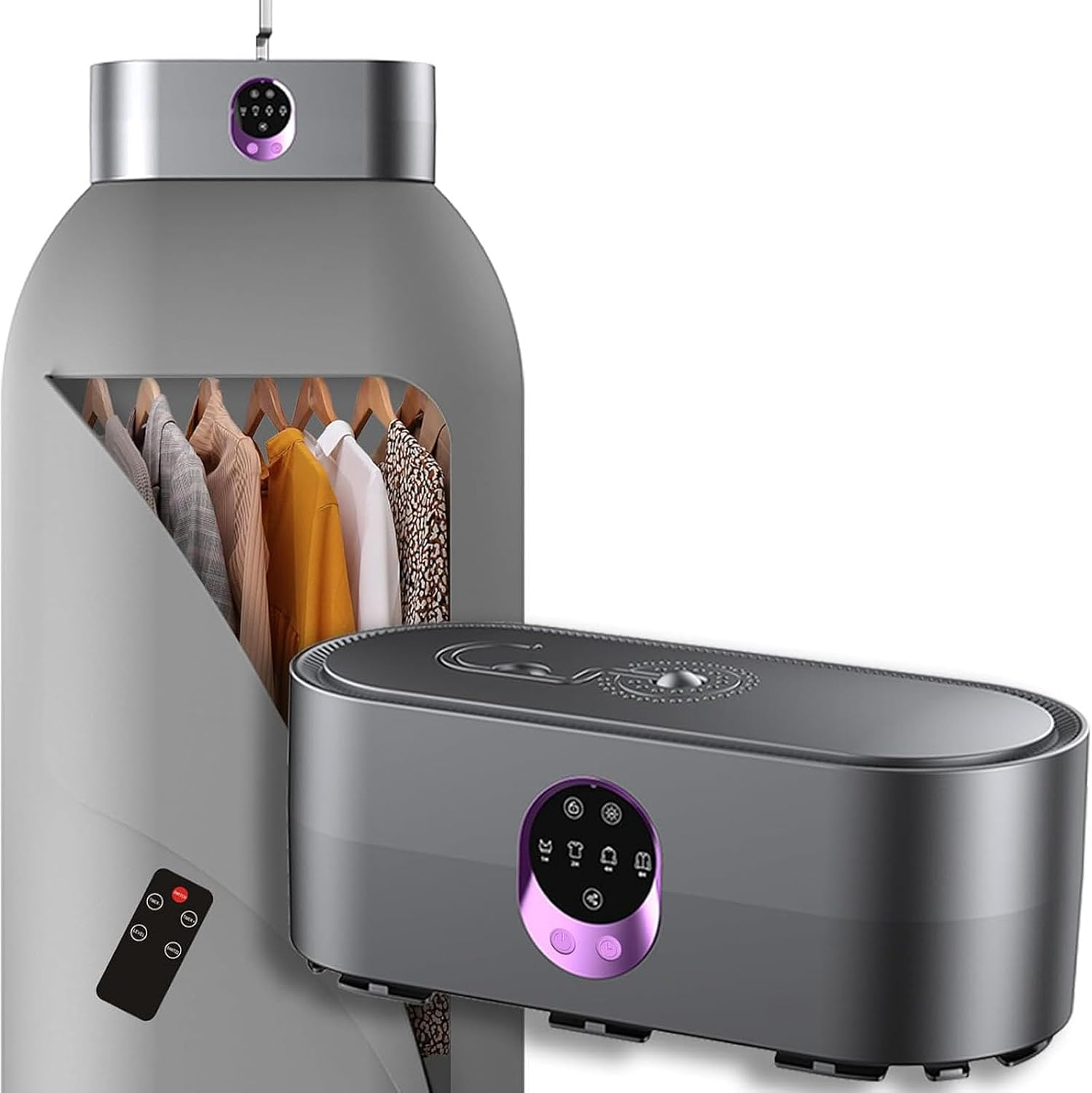 Compact portable clothes dryer with hanging drying enclosure and control unit