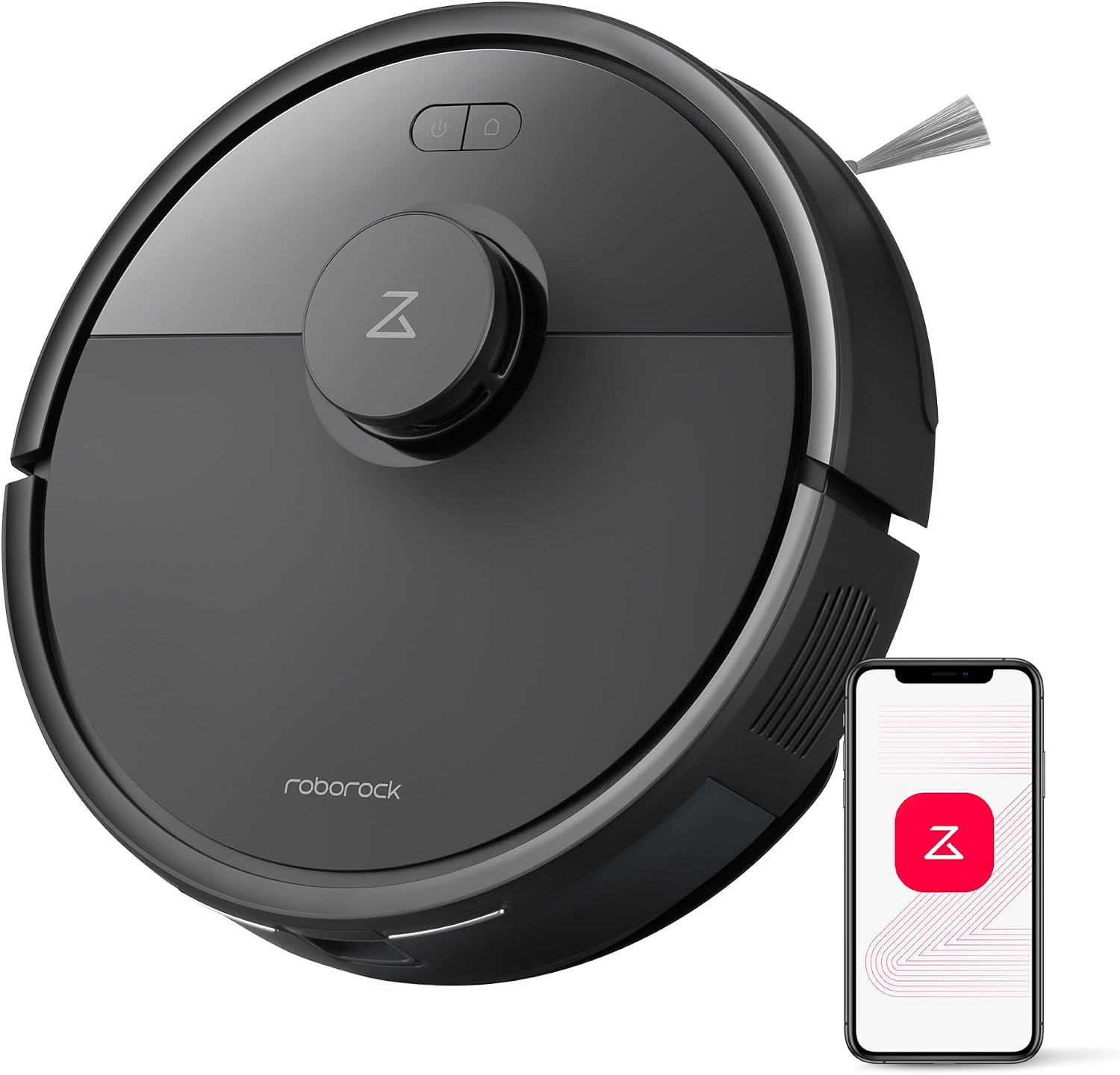 Black Roborock robot vacuum with LiDAR sensor and mobile app